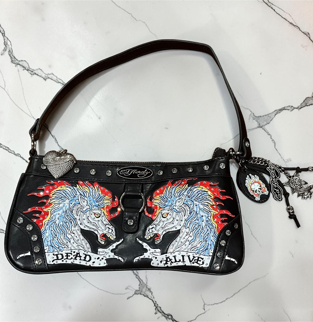 Ed Hardy Dead or Alive Horse Shoulder Bag Black Rhinestone Y2K Purse
